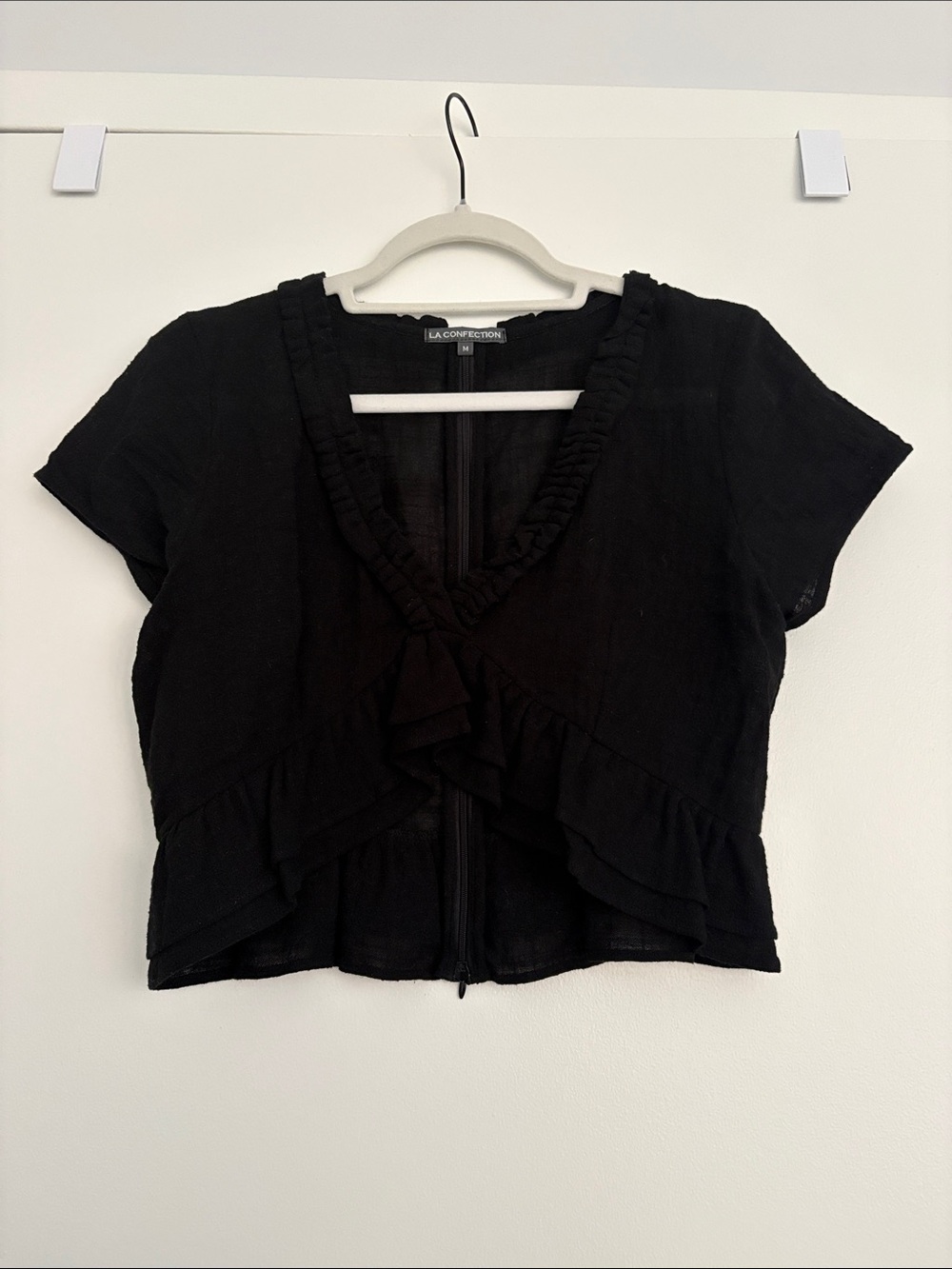 Black Ruffle-Trim Short Sleeve Blouse